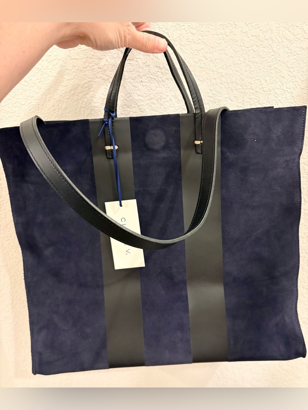 Clare V Simple Tote in Navy suede with black stripes NWT